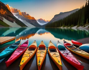 colorful canoes lined up at sunrise by a tranquil mountain lake surrounded by majestic peaks generative ai