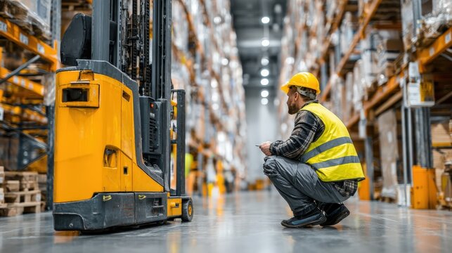 Warehouse Worker Inspecting Forklift in Distribution Center for Inventory Management and Supply Chain Efficiency - Powered by Adobe