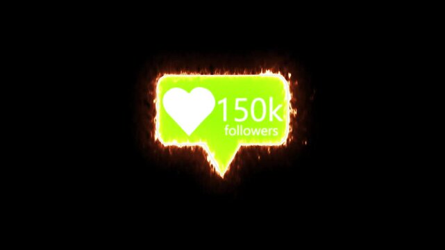 Bright glowing heart notification icon showing 150k followers on a dark background. Perfect for social media promotion, follower growth animation, digital marketing presentations and motion graphics 