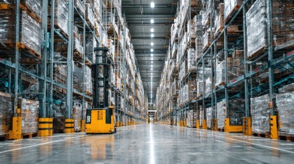 Fototapeta premium Large Distribution Warehouse Interior with Forklift and Pallet Racks, High Angle View, Professional Logistics