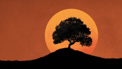Silhouette of a tree against a vibrant orange sunset background.