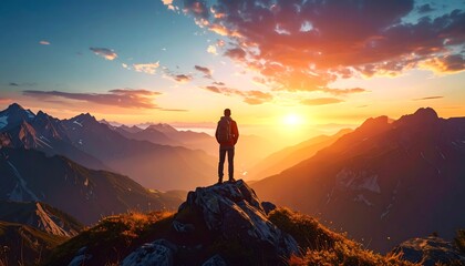 Fototapeta premium A solitary figure stands atop a mountain peak, gazing at a breathtaking sunrise over a vast mountain range.