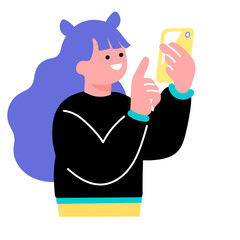 ポップでカラフルな若者がスマホで写真を撮るイラスト
