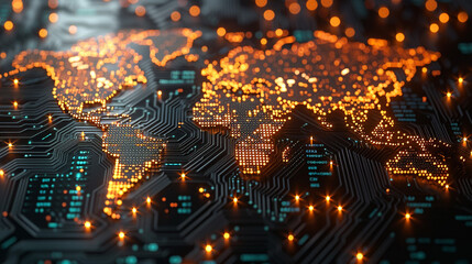Global network, glowing world map on circuit board.