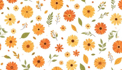 A cheerful, vibrant floral pattern featuring various shades of orange gerbera daisies, leaves, and sprigs, set against a clean white background.