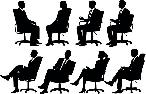 Diverse business professionals in silhouette seated in office chairs facing forward and profile views in a modern workplace setting concept for teamwork and collaboration vector