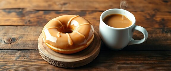 Glazed donut and steaming coffee cup on rustic wood, caramel, food