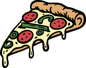 Delicious pepperoni mushroom pizza slice dripping melted cheese cartoon art vector