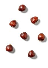 Obraz premium Seven shelled hazelnuts scattered on a white background with shadows.