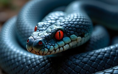 Fototapeta premium Coiled Snake Close-up with Red Eyes and Blue Scale Detail. High quality
