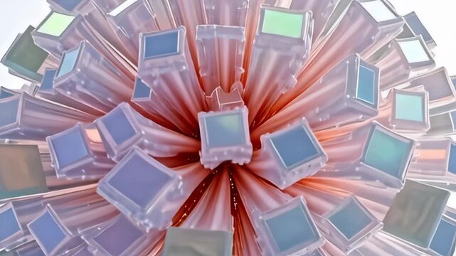 An intricate lattice of cubical molecule floating like digital flower bloom emerges, revealing a cascading array of opalescent colors that shimmer in the light as the camera pivots upward,
