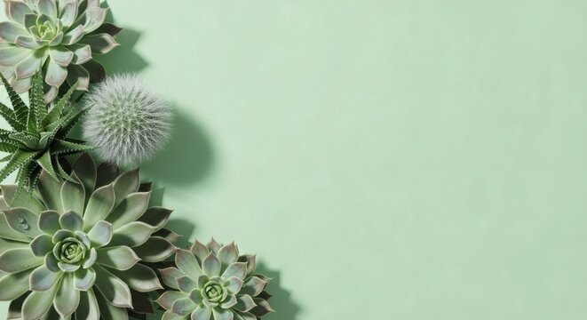 Charming Succulents on Pastel Green A Tranquil Botanical Arrangement with Soft Shadows