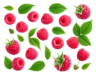 Fresh raspberry and leaves isolated on white background. Seamless pattern.