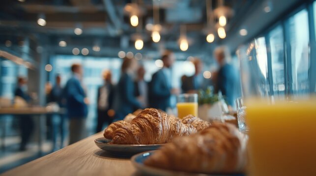 Business Breakfast Meeting with Croissants and Orange Juice in a Modern Office Environment