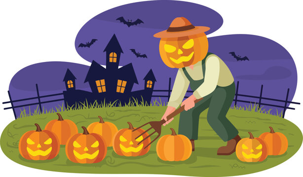 Pumpkin headed figure tending carved pumpkins near haunted house