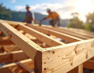 Construction workers installing a new roof frame with wooden beams structure