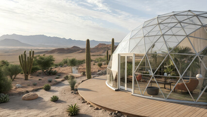  Glass Dome Desert House – A transparent geodesic dome home with internal shading structures and cactus gardens.