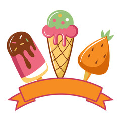 Ice Cream and Popsicles with Ribbon Banner Vector