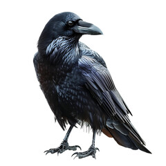 Fototapeta premium Isolated on transparent background, a magnificent raven perches, its dark plumage contrasting against the bright backdrop