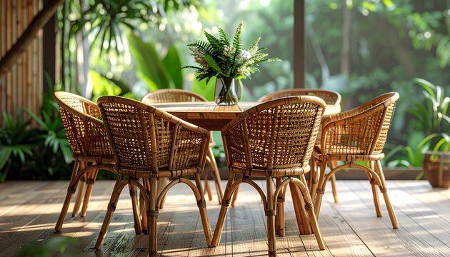 Stylish eco-friendly dining chairs crafted from bamboo and rattan, arranged neatly around a natural wood table.