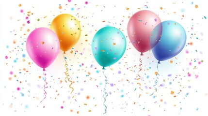 Colorful balloons and confetti on white background.