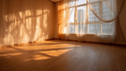 Empty room with light wooden floor and window with transparent curtains creating beautiful shadows from sunlight in warm cozy atmosphere for interior design concepts.