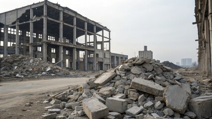 Fototapeta premium Commercial high-resolution photo of pile of gray concrete debris against the remains of a large destroyed building Background. with copy space image.