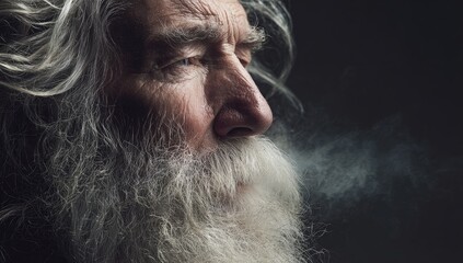 Close up profile portrait of a wise elderly man with long white beard and closed eyes.