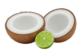 Split half-coconut with fibrous deep brown shell and transparent inner flesh, alongside a vibrant green lime wedge, on a transparent studio background with soft lighting, concept for natural