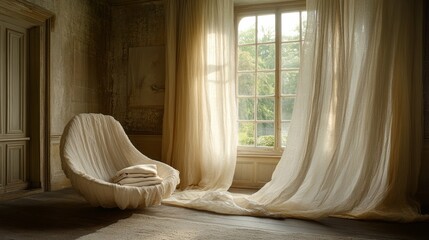 An empty room with a single chair and folded blanket bathed in soft natural light expresses a deep sense of stillness