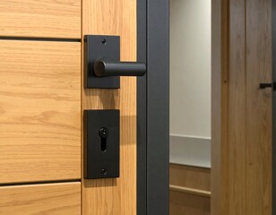 Contemporary entrance with a sleek handle and security lock on a wooden door