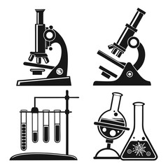 Collection of scientific laboratory equipment icons including microscopes test tubes on a rack and flasks with chemical symbols representing research and discovery
