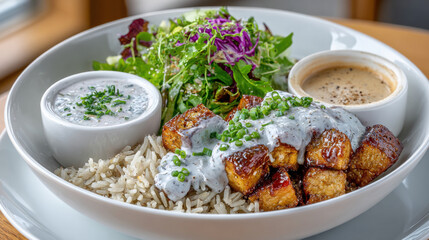 Delicious meal with meatballs, rice, salad, and sauces.