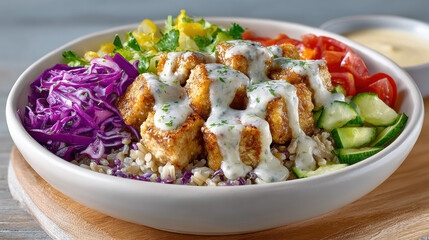 Fresh salad bowl with colorful ingredients and dressing.