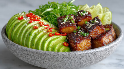 Delicious bowl of avocado, greens, and crispy bites garnished with chili.