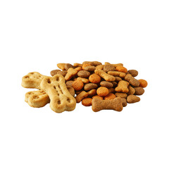 Fototapeta premium Artfully arranged premium pet kibble (brown, orange, green) and golden-brown dog biscuits with bright parsley, on a seamless transparent studio background. Premium pet food concept