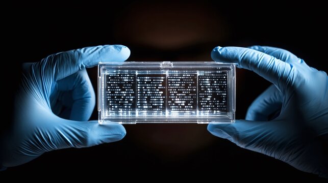 Genetic Analysis: Gloved hands hold a DNA microarray chip, displaying gene expression patterns and aiding in disease research in a lab setting.