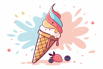 Colorful Ice Cream Cone with Strawberry and Splash