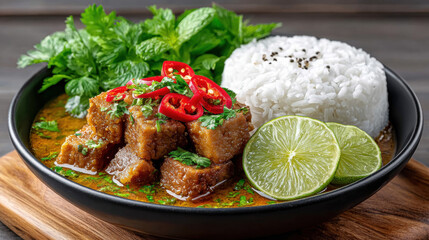 Delicious dish with meat, rice, herbs, and lime slices in a bowl.