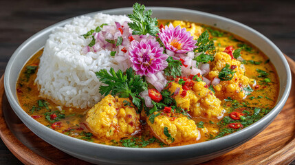 Delicious dish featuring rice and vibrant garnishes.