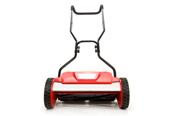 Front view of a used cylinder lawn mower isolated on white