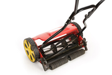 Used lawn mower with visible blades on white background