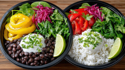 Fresh bowls of rice, beans, and vibrant vegetables.