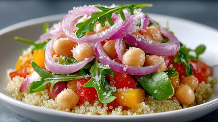 Fresh quinoa salad topped with vegetables and herbs.