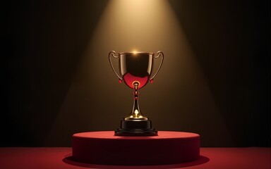 Shining gold trophy cup on a velvet podium, spotlighted dramatically against a dark background. High quality