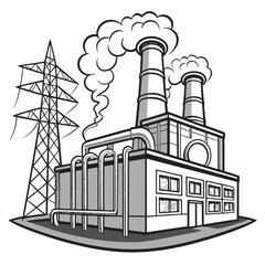 Industrial factory with smoking chimneys and power lines representing energy production and manufacturing depicted in a stylized black and white illustration