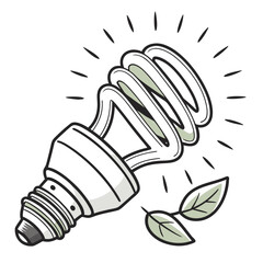 A hand drawn illustration of a compact fluorescent light bulb glowing with radiating lines and two green leaves symbolizing energy efficiency and eco friendly technology