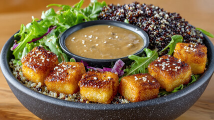 Fresh salad bowl with crispy toppings and a flavorful dressing.