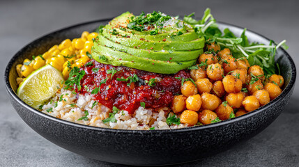 Vibrant bowl of fresh ingredients including avocado and chickpeas.