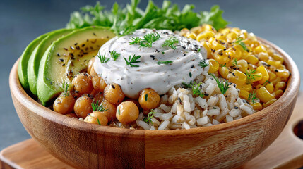 Fresh ingredients in a wooden bowl with yogurt and greens.